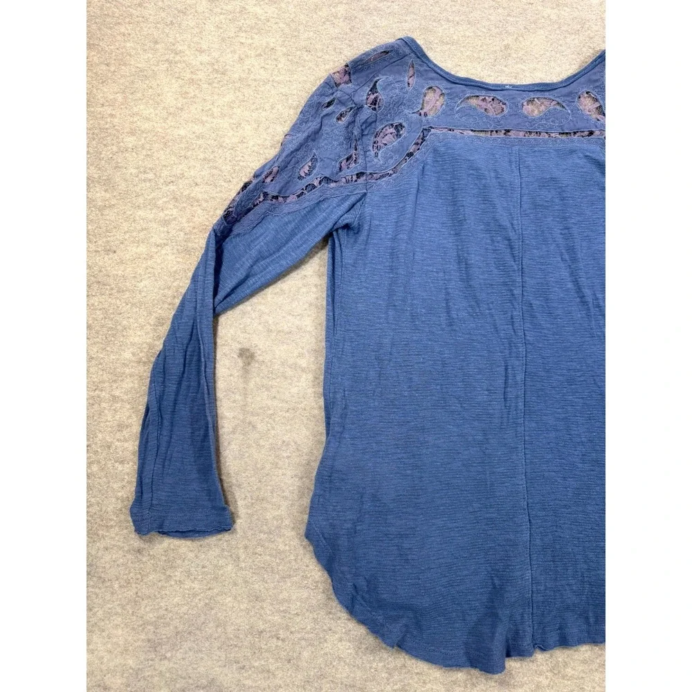 Free People Blouse Womens S Blue Viscose Paisley Lace Long Sleeve High Low Hem